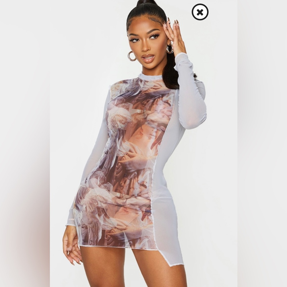 Pretty Little Thing Shape Nude Renaissance Print Sheer Mesh Overlock Detail Body
